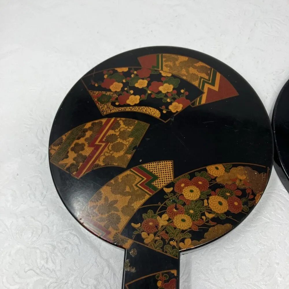 VTG Otagiri Nesting Double Hand Mirror Handles Black Lacquer 11” Diameter  Japan